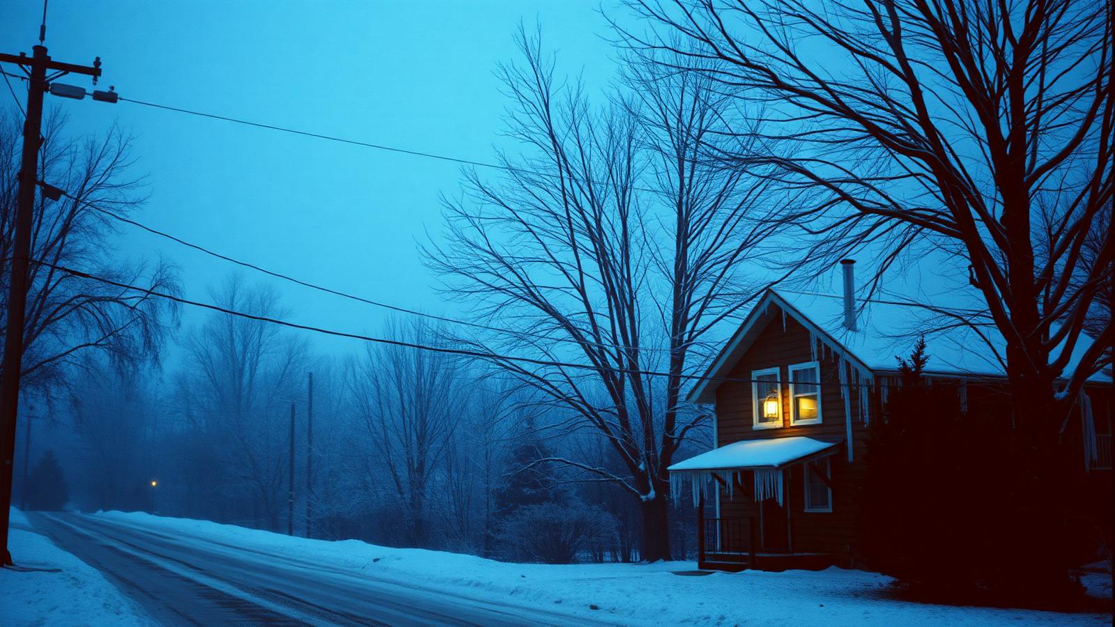 A neighborhood street under heavy ice and snow with a downed power line and a generator running outside a home