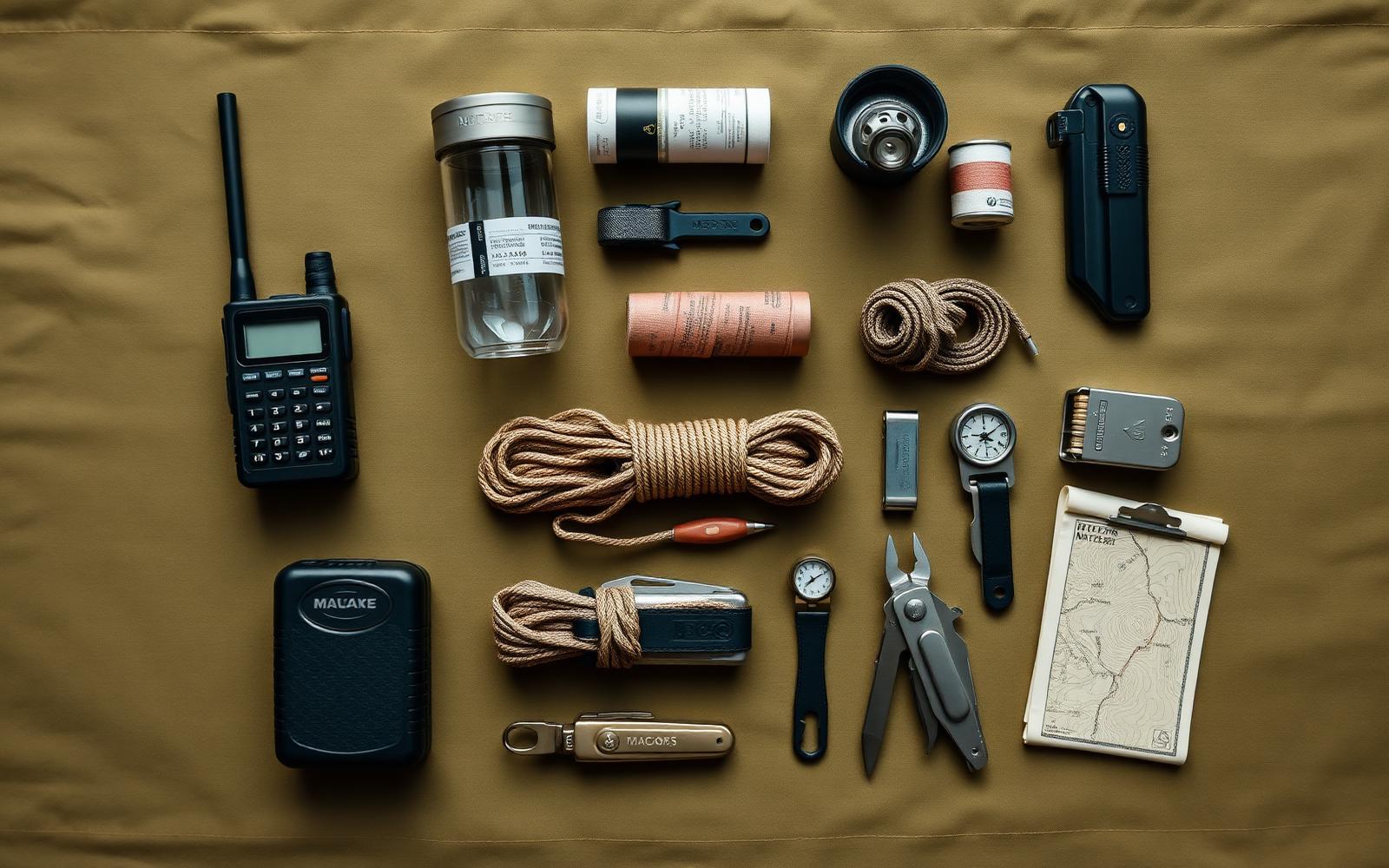 Overhead view of emergency gear laid out in a grid: radio, water filter, bandage, paracord, compass and topographic map