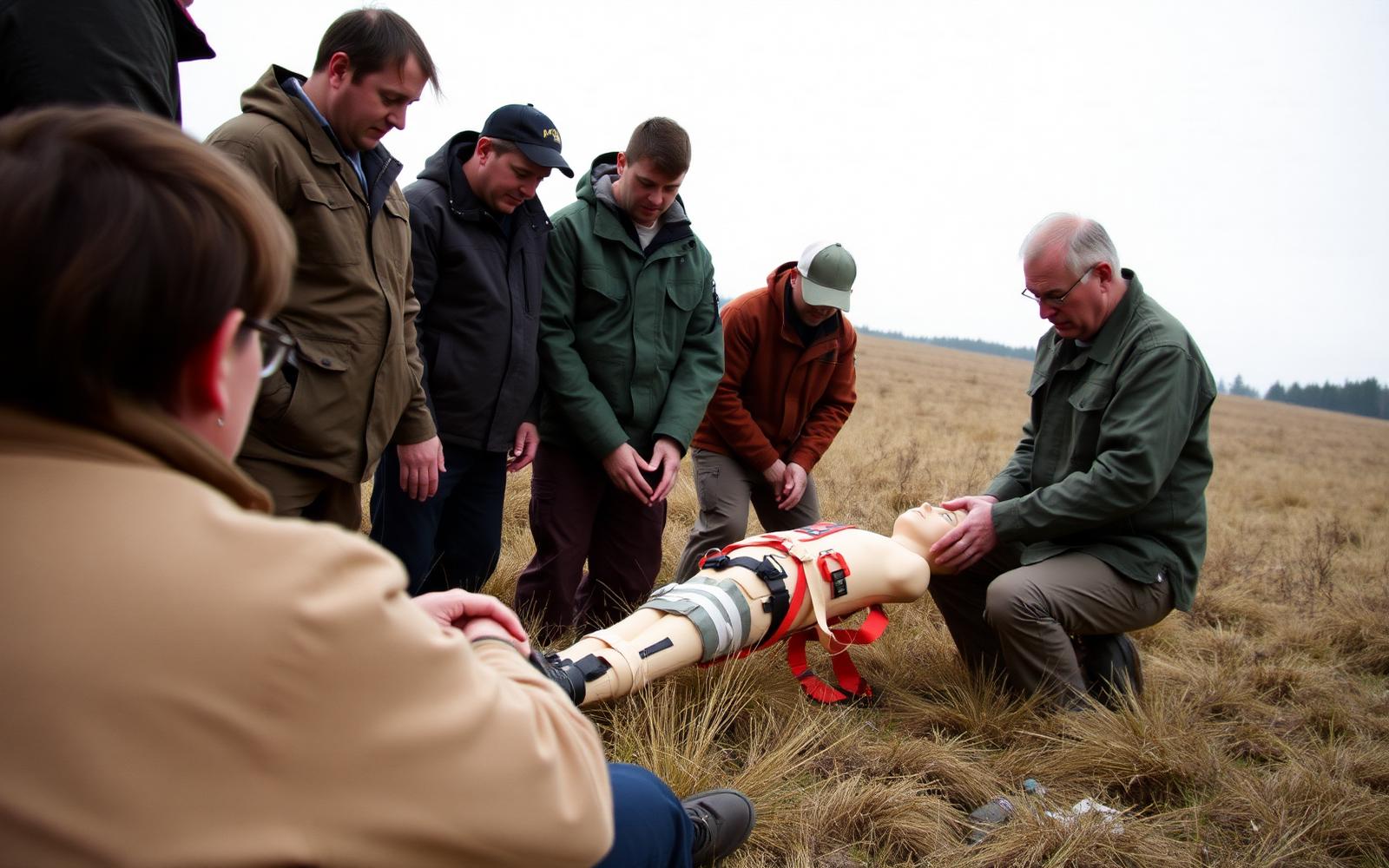 Adults practicing field first aid on a training mannequin with an instructor in an open field